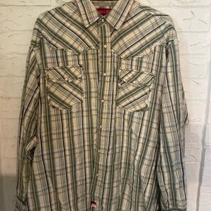 Green and White Plaid Button-Up Shirt